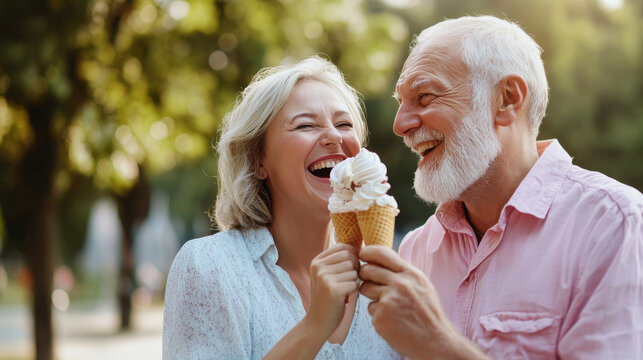 Elderly couple happily eats ice cream cones in the park, cherishing peaceful outdoor moments.  - Powered by Adobe