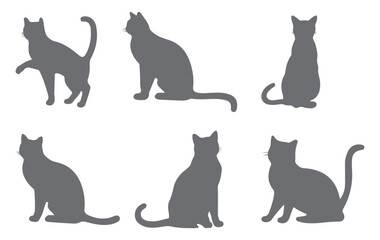 Cat Silhouettes Vector Illustration, perfect for Halloween, cat lovers. Features various cat poses, paw prints. Ideal for pet, animal, feline, domestic, house cat themes