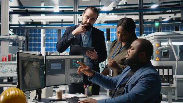 Multiethnic master engineers doing teamwork on high tech production line for solar panels manufacturing activity, combining technical insight and collaboration for green energy. Camera A. - Powered by Adobe
