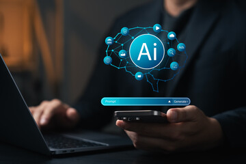 AI technology with prompt generation. Man using smartphone and laptop to interact with artificial...
