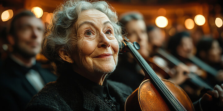 An elderly woman with gray hair and a gentle smile, holding a violin in a setting that appears to be a concert or orchestra rehearsal. She looks up with an expression of inspiration and passion for mu
