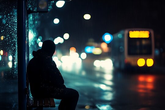 Silhouette person sitting at bus stop in rain at night with blurry lights and a bus in the background