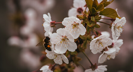Obraz premium Bee on Cherry Blossom Springtime Nature Photography