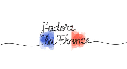 J'adore la France - text One line illustration on a watercolor spot in the colors of the French flag, vector design
