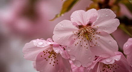 Fototapeta premium Delicate Pink Cherry Blossoms with Raindrops A Springtime Delight
