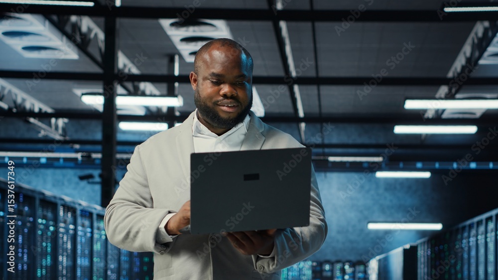 Poster data center engineer analyzing equipment performance, resolving technical issues. server farm employ