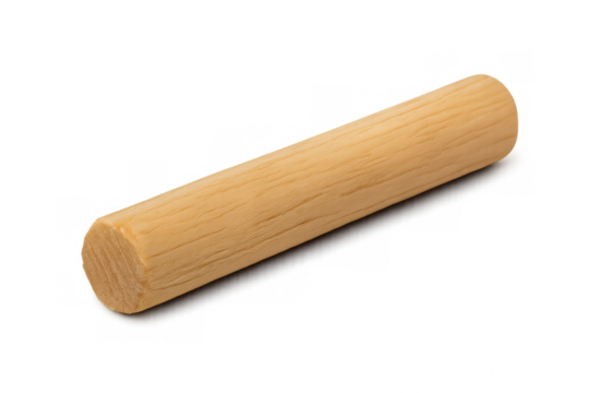 Wooden dowel rod resting on clear surface, showcasing smooth cylindrical design for crafting and woodworking applications