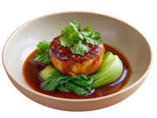 Perfectly Cooked Braised Abalone on Blanched Bok Choy with Oyster Sauce Delightfully Presented in a Bowl