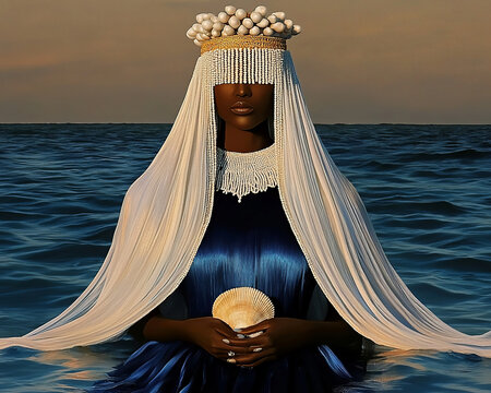A towering figure representing Emanj&aacute;, the orisha of the waters, emerges from the ocean with a flowing white veil and a crown of seashells. She holds a large seashell, symbolizing her connection to th