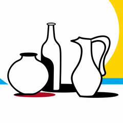 Simple Line Art Still Life: Bottle, Jug, and Pot