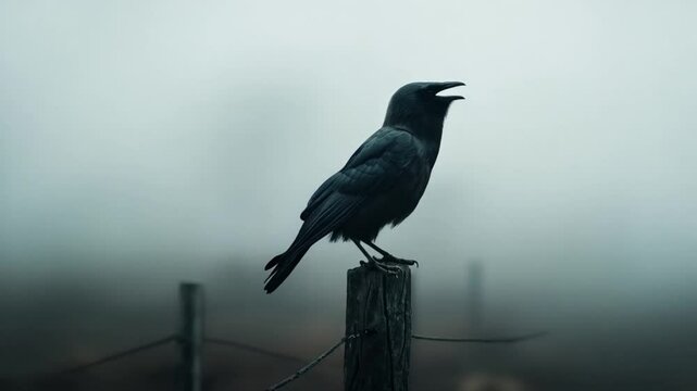 A crow perched on a wooden post with its beak open in a foggy and atmospheric setting outdoors video