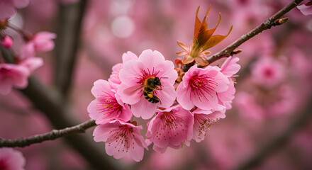 Obraz premium Bee on Pink Cherry Blossom A Stunning Springtime Image