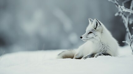Naklejka premium A pristine white arctic fox rests in a snowy landscape, its fur blending seamlessly with the winter scene. A blurred background hints at a frosty forest. The fox's 