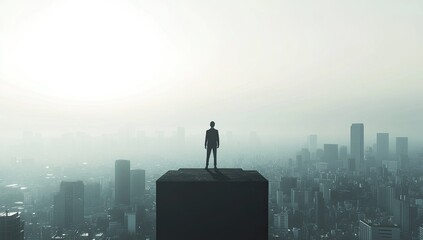 Obraz na płótnie Canvas A businessman standing on the edge of an empty city with buildings below him, looking out over vast landscapes