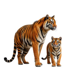 Naklejka premium Majestic Tiger and Cub Walking Together in Nature with Striking Orange and Black Stripes and Intense Expressions