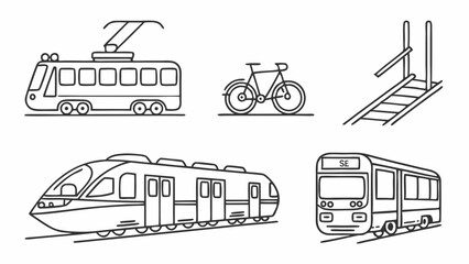 Line Art Illustrations Transportation Icons Set - Trains, Bikes, and More