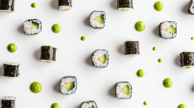 Pattern of sushi rolls with avocado and crab, and green dots against a white background