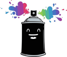 Cartoon illustration of a happy spray can emitting a cloud of artistic design

