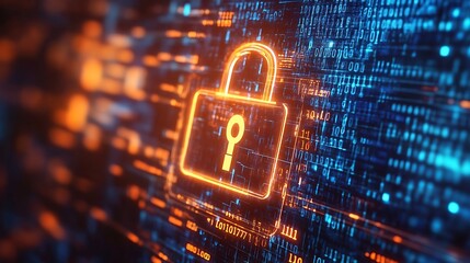 Glowing padlock icon on a digital background with binary code and abstract circuit board patterns