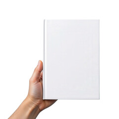 Obraz premium Blank White Book Cover in Hand, Isolated on Black Background, Perfect for Customization and Graphic Design Projects