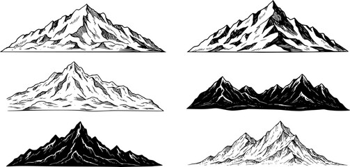 mountains vector, alpine mountain hills set silhouette vector art illustration
