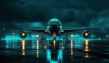A cinematic photograph of an airplane with a glowing, translucent body on the tarmac at night