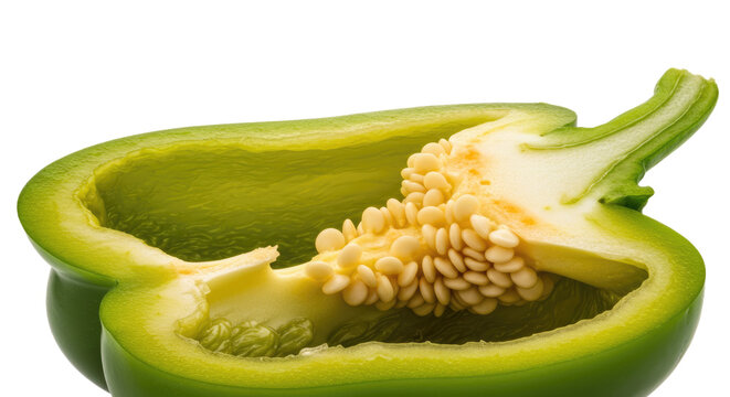 Sliced Green Bell Pepper Reveals Seeds and Interior Structure in Detailed CloseUp