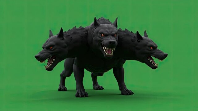 Cerberus, the three-headed hound of Hades, on a green screen background.