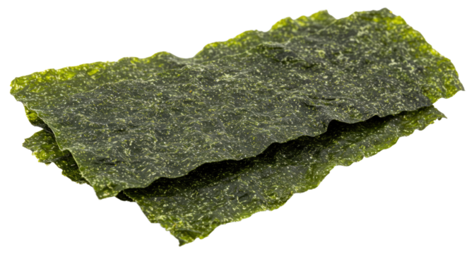 Stacked crispy nori seaweed sheets with a textured surface and wavy edges.