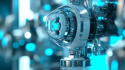 Close up of a futuristic machine with a clear dome and blue light in a blurred background