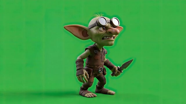 Sneaky goblin character with a dagger on a green screen background.