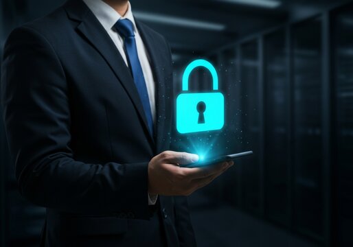Businessman using smartphone with digital padlock for data security