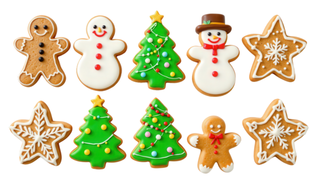 Colorful and Festive Christmas Cookies Featuring Gingerbread Men, Snowmen, Trees, Stars, and Snowflakes