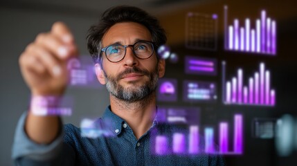 Data Visualization: Man Interacting with Holographic Graphs