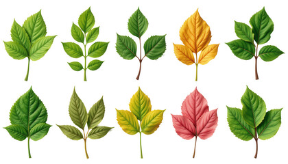 A Collection of Hand-Drawn Leaves in Various Shades of Green, Yellow and Red Illustrating Seasonal Changes