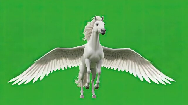 Majestic white Pegasus, the mythical winged horse, on a green screen.