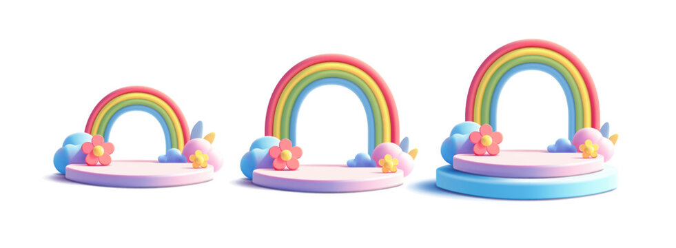 3D set of colorful rainbows with empty podiums of pink and blue colors, flowers, clouds, and leaves. For concepts of advertising, discounts, and special offers. Vector illustration.