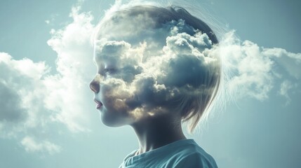 Boy holding his own transparent head filled with clouds, concept: dreamer, floating thoughts generative ai