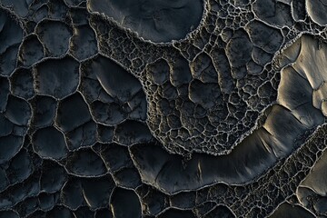 A close-up of an intricate pattern in the surface of dark charcoal, resembling frost on ice. 