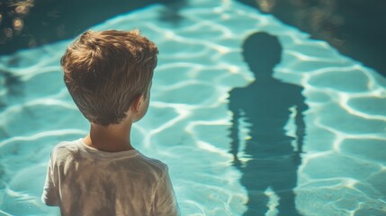 Boy looking into a pool and seeing a different version of himself, surreal identity confusion generative ai