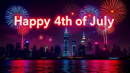 A Night City Skyline Glowing in Silhouette, with "Happy 4th of July" in Large Glowing Neon Letters Floating Above, Perfect for Event Promotions