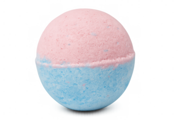 Round bath bomb with pink and blue halves isolated on a transparent background, perfect for adding a touch of color and fragrance to bath time