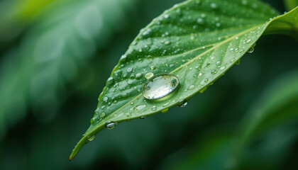 Close-up of a dewdrop on a green leaf