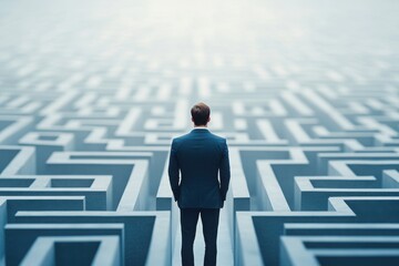 A man in a suit stands at the entrance of a vast, complex maze, symbolizing challenge, decision-making, and problem-solving in a professional context.