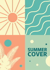Summer background and poster template with wavy lines, palm leaf silhouette and a geometric elements for summer projects, holiday campaign.
