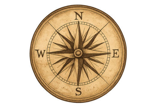 Classic compass rose design on old parchment paper, isolated on transparent background, perfect for navigation or adventure themes