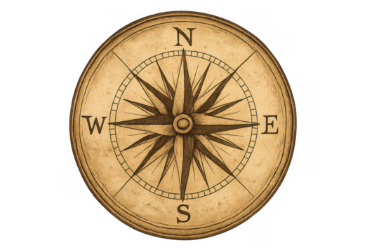 Classic compass rose design on old parchment paper, isolated on transparent background, perfect for navigation or adventure themes