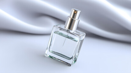 Sleek square glass perfume bottle with silver spray cap rests on smooth, elegant white fabric background, exuding sense of luxury and sophistication
