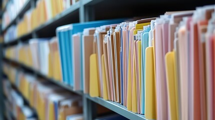 A close up shot of a shelf with many colorful file folders arranged neatly in a row for organization