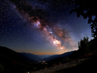 Naklejka premium Celestial river flows over mountain silhouettes